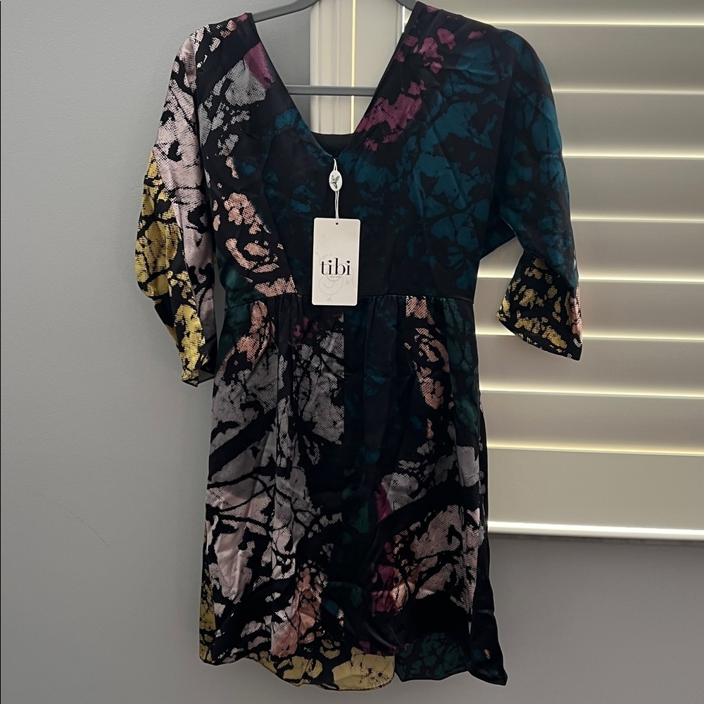 Tibi Black and Gold Abstract Mini Dress